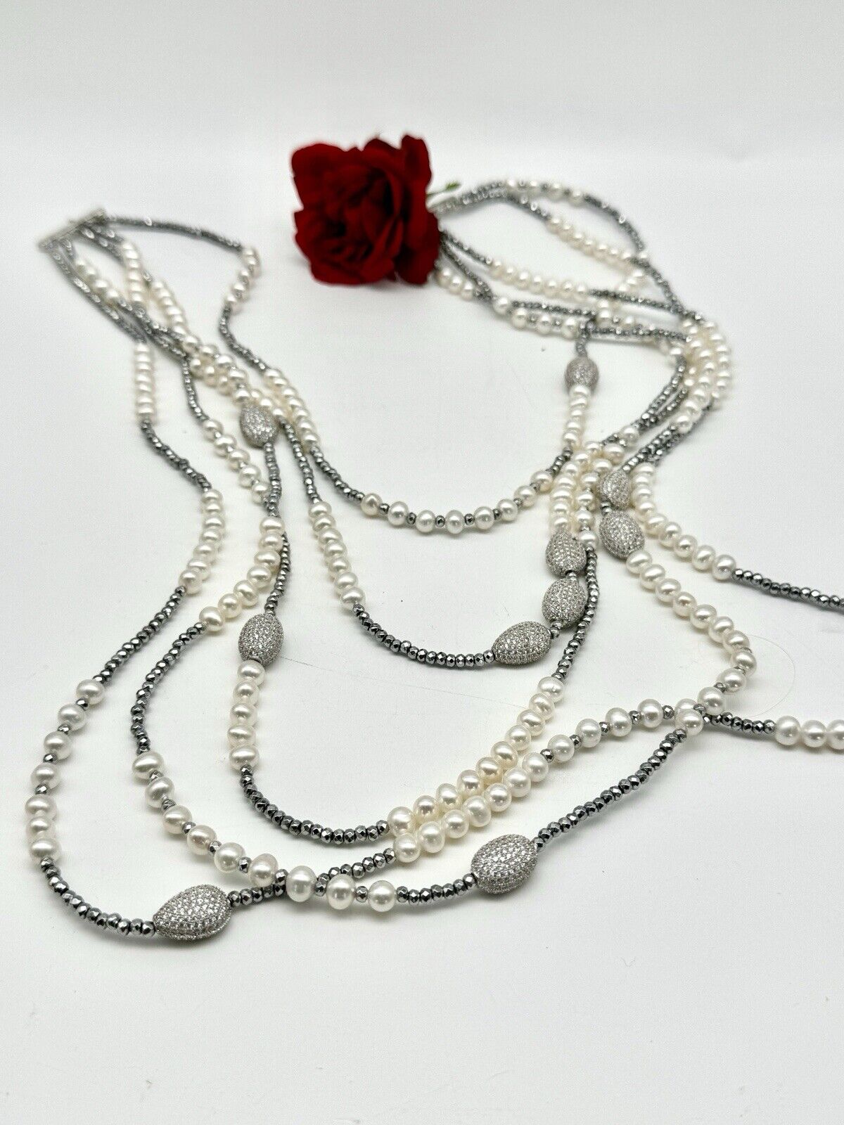 5 Strand Pearl 925 Sterling Silver Necklace 19” Inside SIGNED LUC CN