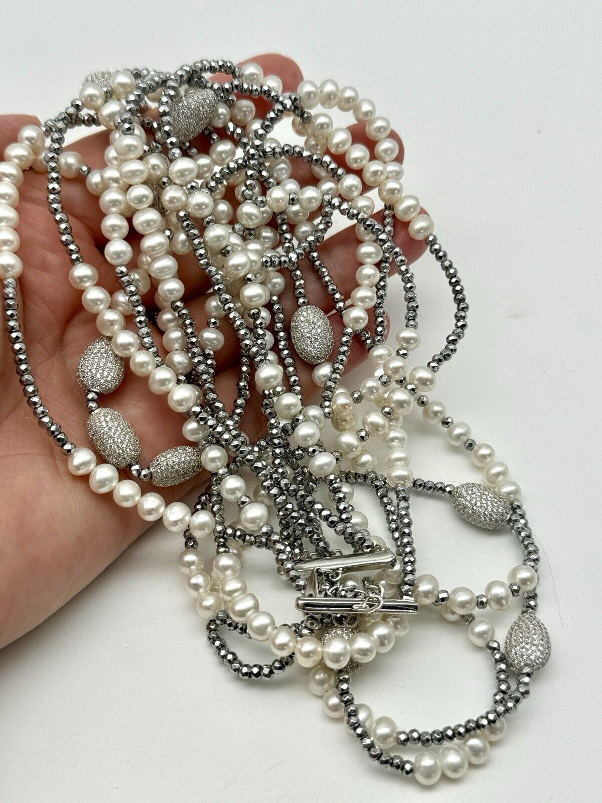 5 Strand Pearl 925 Sterling Silver Necklace 19” Inside SIGNED LUC CN