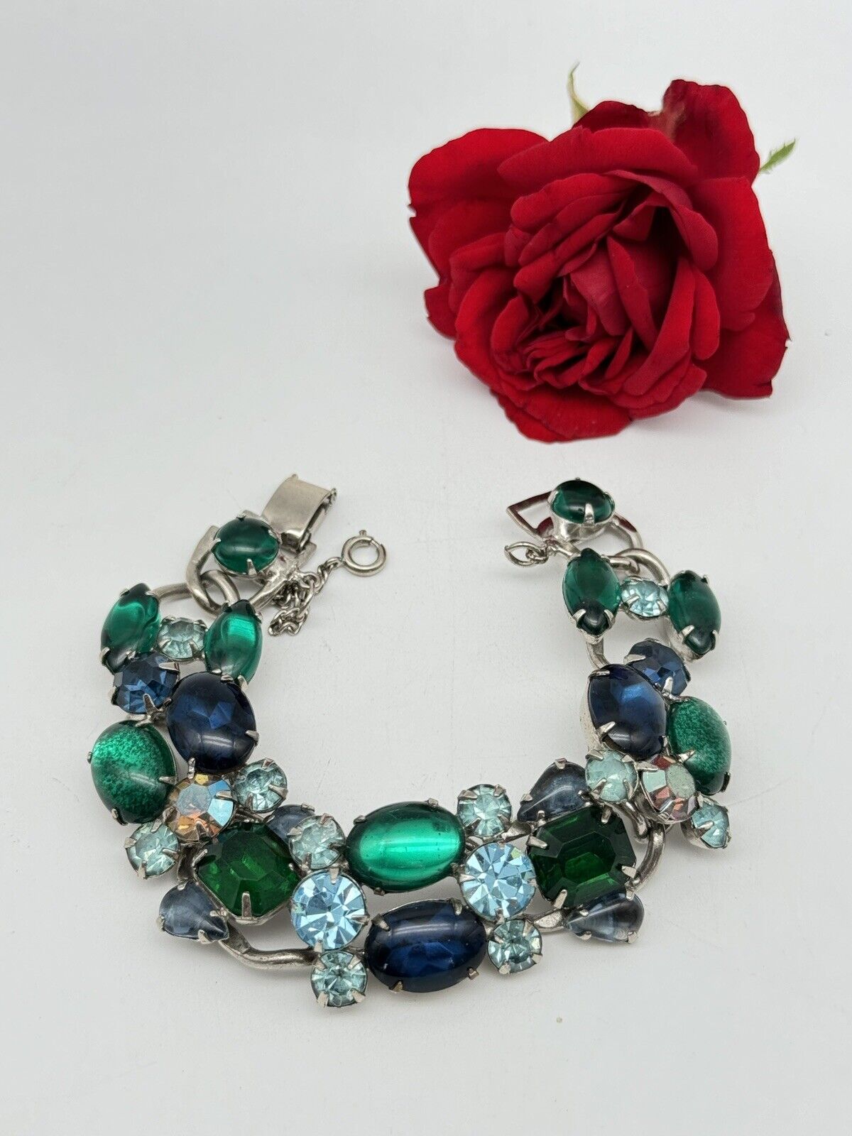 Vintage SIGNED WEISS Rhinestone Bracelet Blue & Green Rhinestone