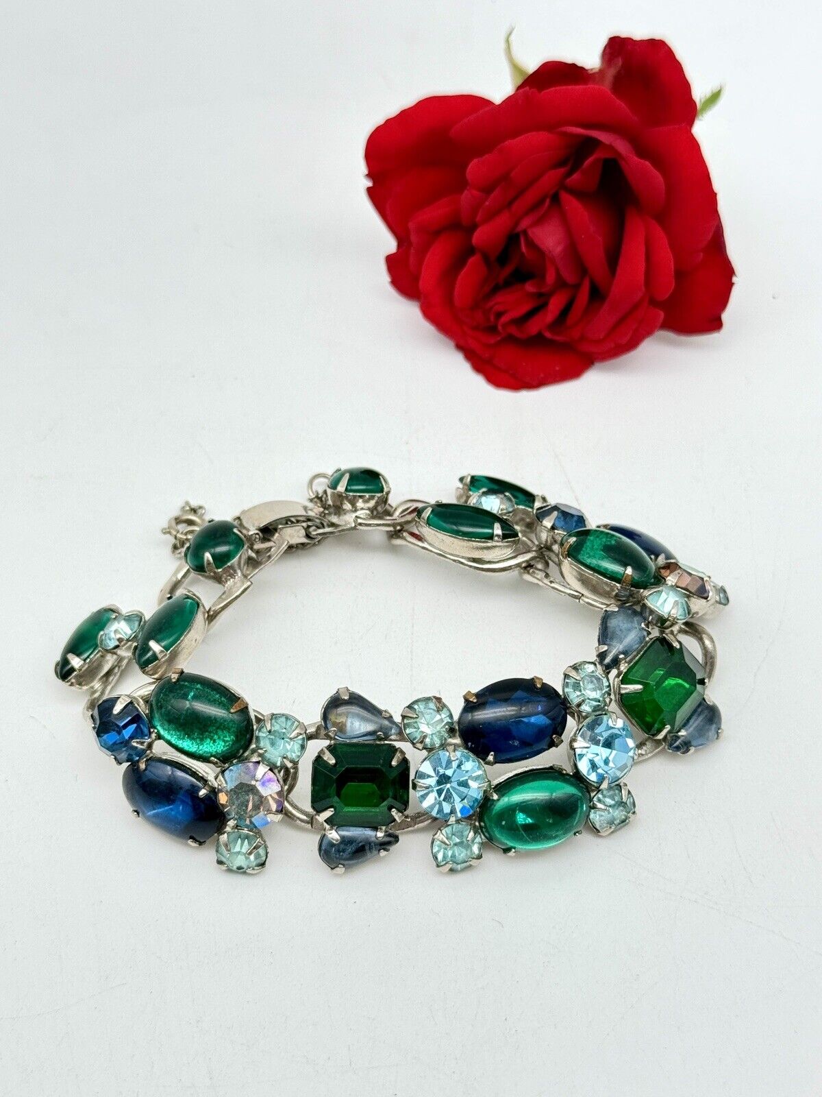 Vintage SIGNED WEISS Rhinestone Bracelet Blue & Green Rhinestone