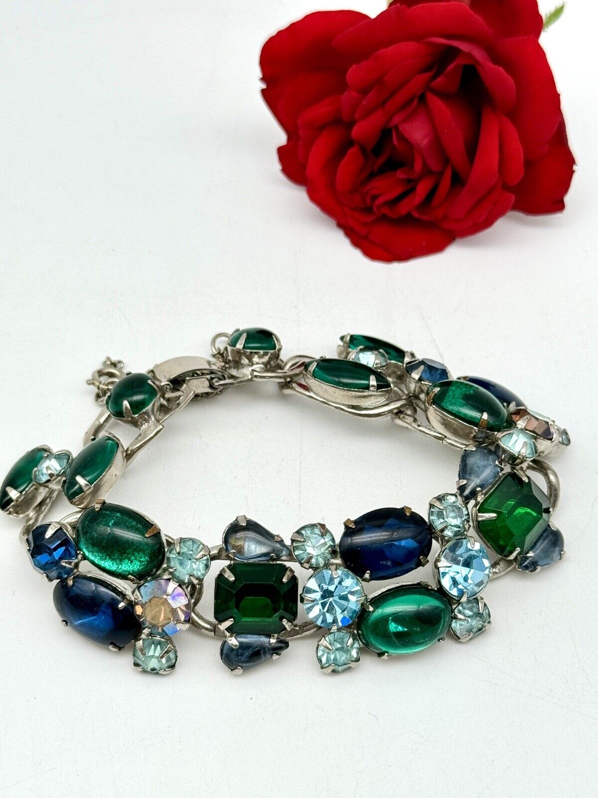 Vintage SIGNED WEISS Rhinestone Bracelet Blue & Green Rhinestone