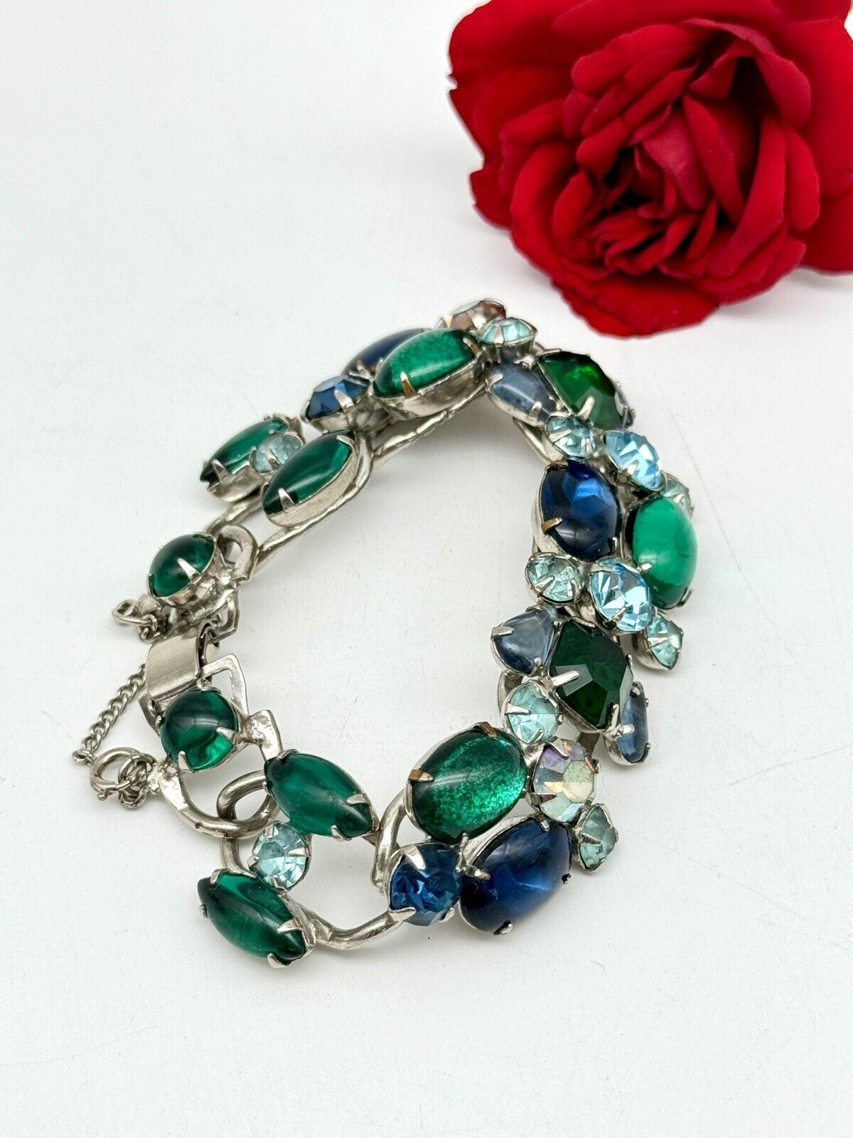 Vintage SIGNED WEISS Rhinestone Bracelet Blue & Green Rhinestone