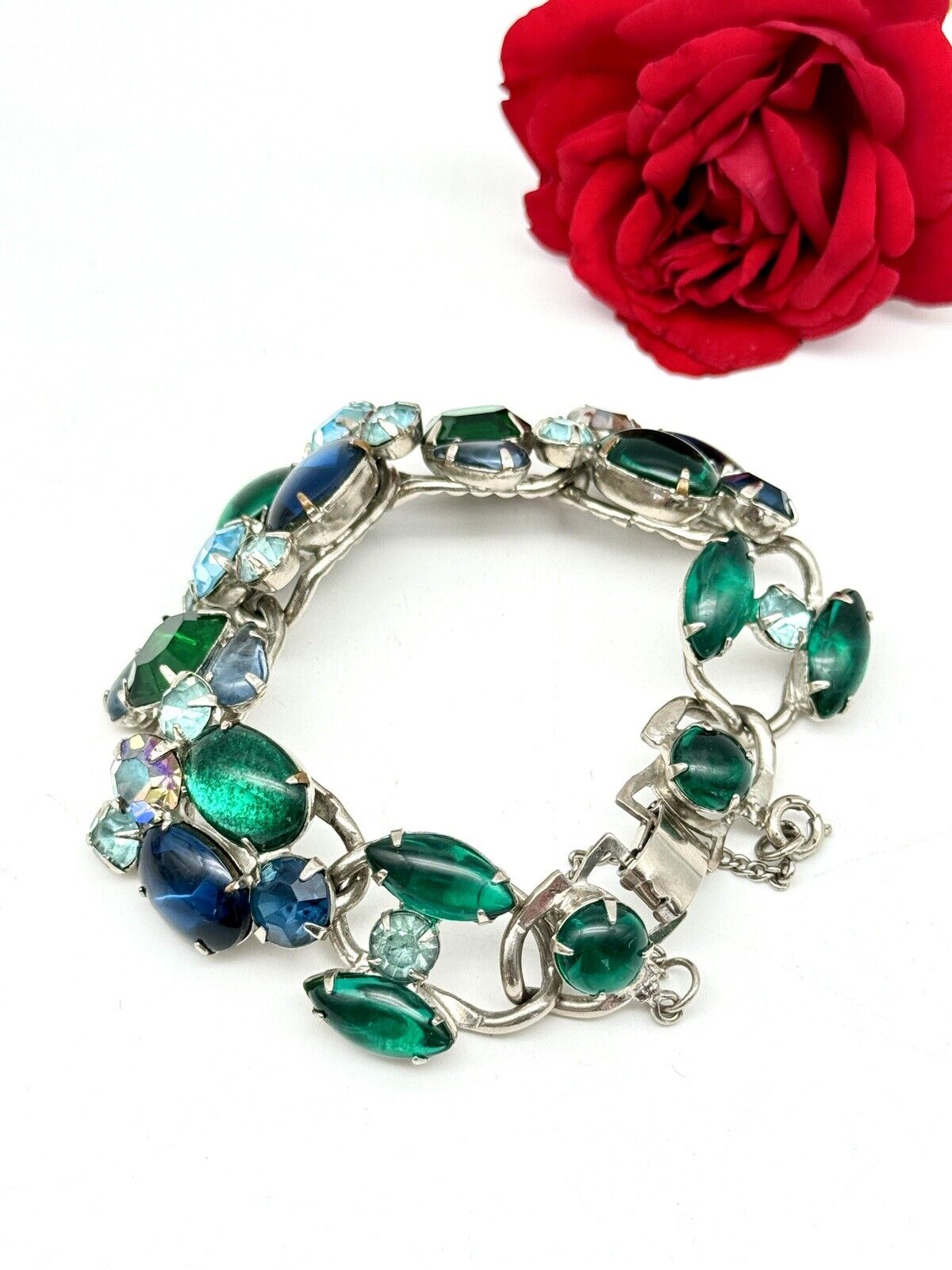 Vintage SIGNED WEISS Rhinestone Bracelet Blue & Green Rhinestone