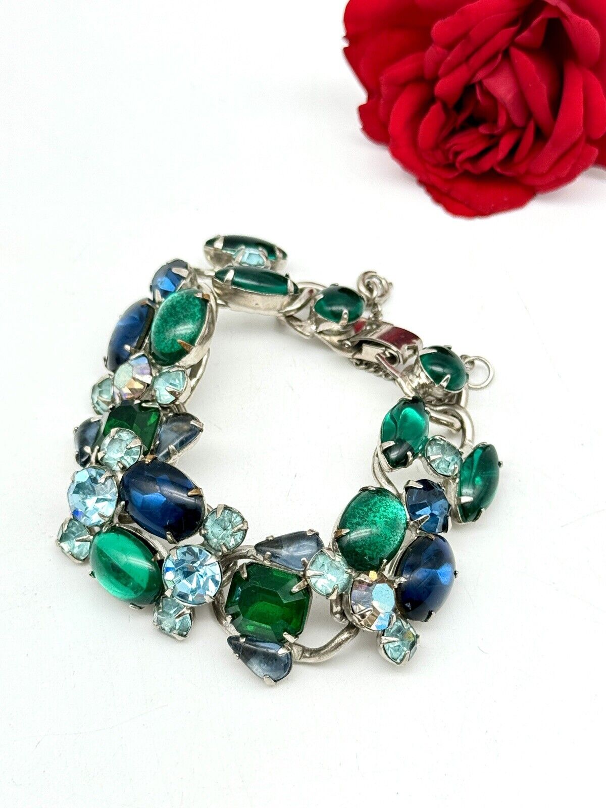 Vintage SIGNED WEISS Rhinestone Bracelet Blue & Green Rhinestone