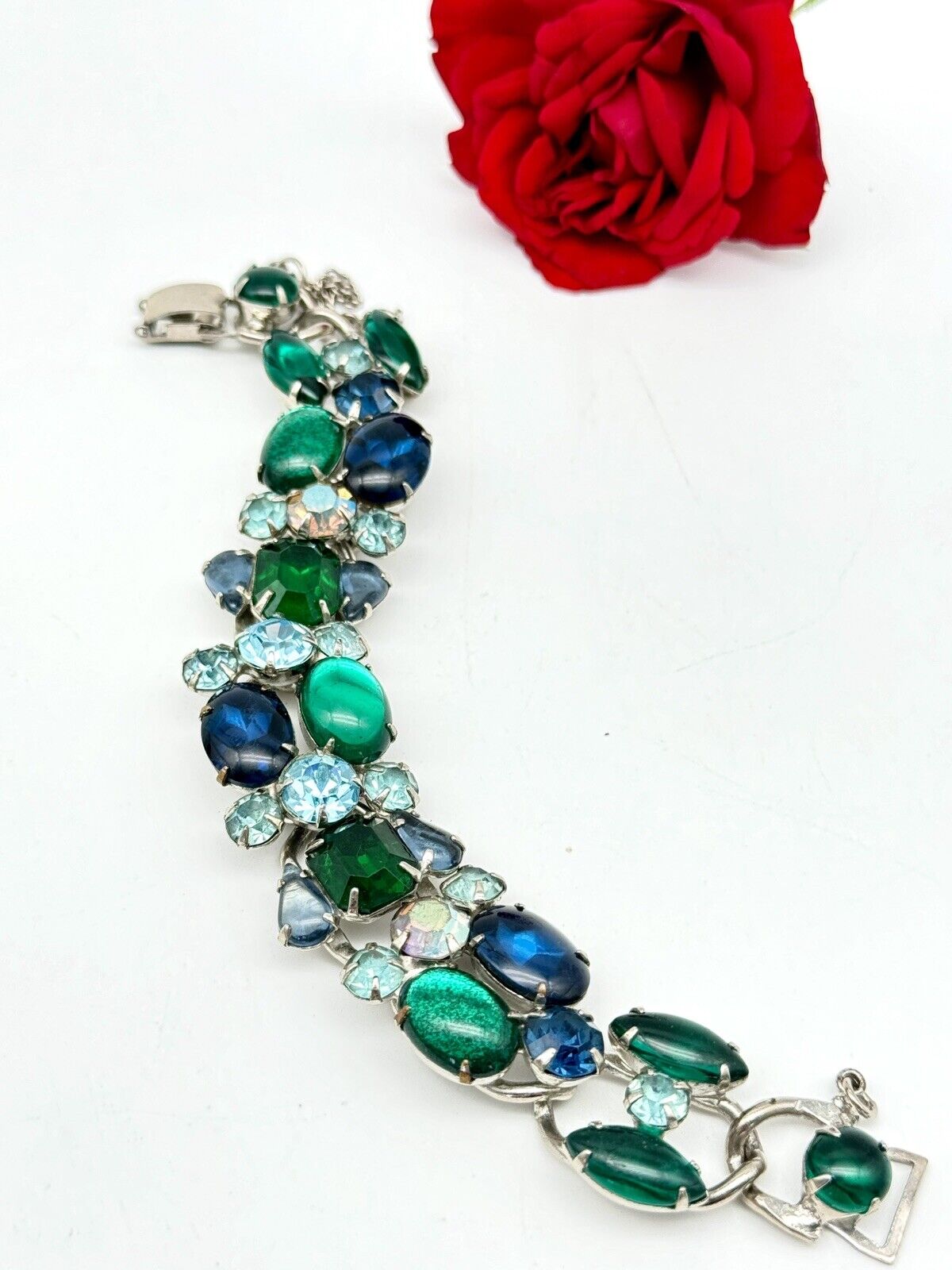 Vintage SIGNED WEISS Rhinestone Bracelet Blue & Green Rhinestone