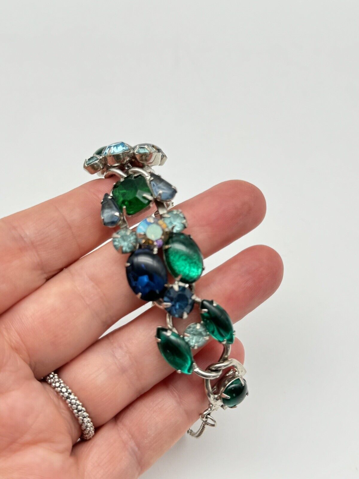 Vintage SIGNED WEISS Rhinestone Bracelet Blue & Green Rhinestone