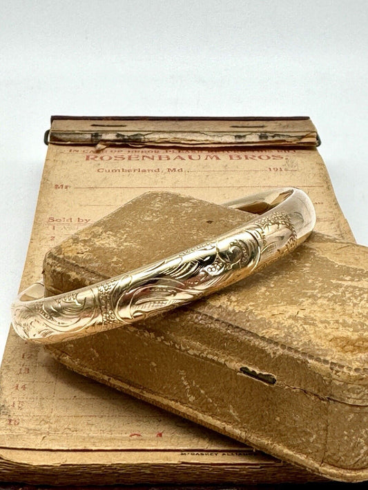 Antique Gold Filled Bangle Signed ACCo Chased Scroll Design 7.25”