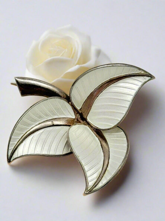 Vintage Albert Scharning White Enamel 925 Sterling Leaf Brooch Norway