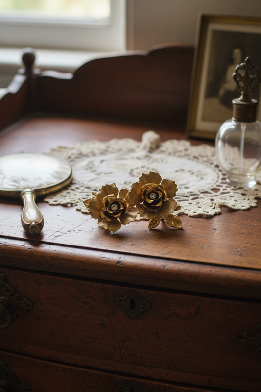 Vintage SIGNED Coro GOLD TONE Double Rose Brooch Rhinestone