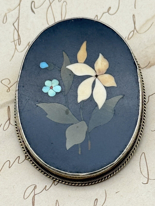 Vintage Pietra Dura Brooch Edwardian Style Exquisite