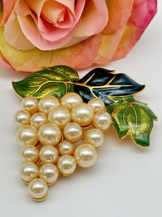 Large Vintage Faux Pearl Enamel Grape Brooch 3” ESTATE FIND