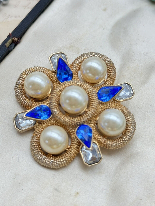 SCAASI Designer Goldtone Faux Pearl Blue Rhinestone MALTESE CROSS BROOCH PENDANT