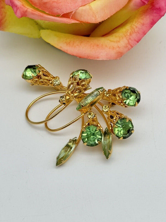 Vintage Green Gold Tone Rhinestone Brooch Estate Find