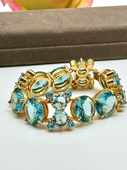 Nolan Miller Signed Aqua Blue Rhinestone Bracelet Set In Gold Tone ca.7” RARE