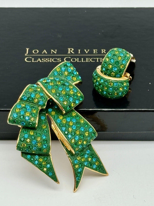 Vintage JOAN RIVERS Green Flowing BOW RIBBON Brooch & Earring Set WITH BOX!