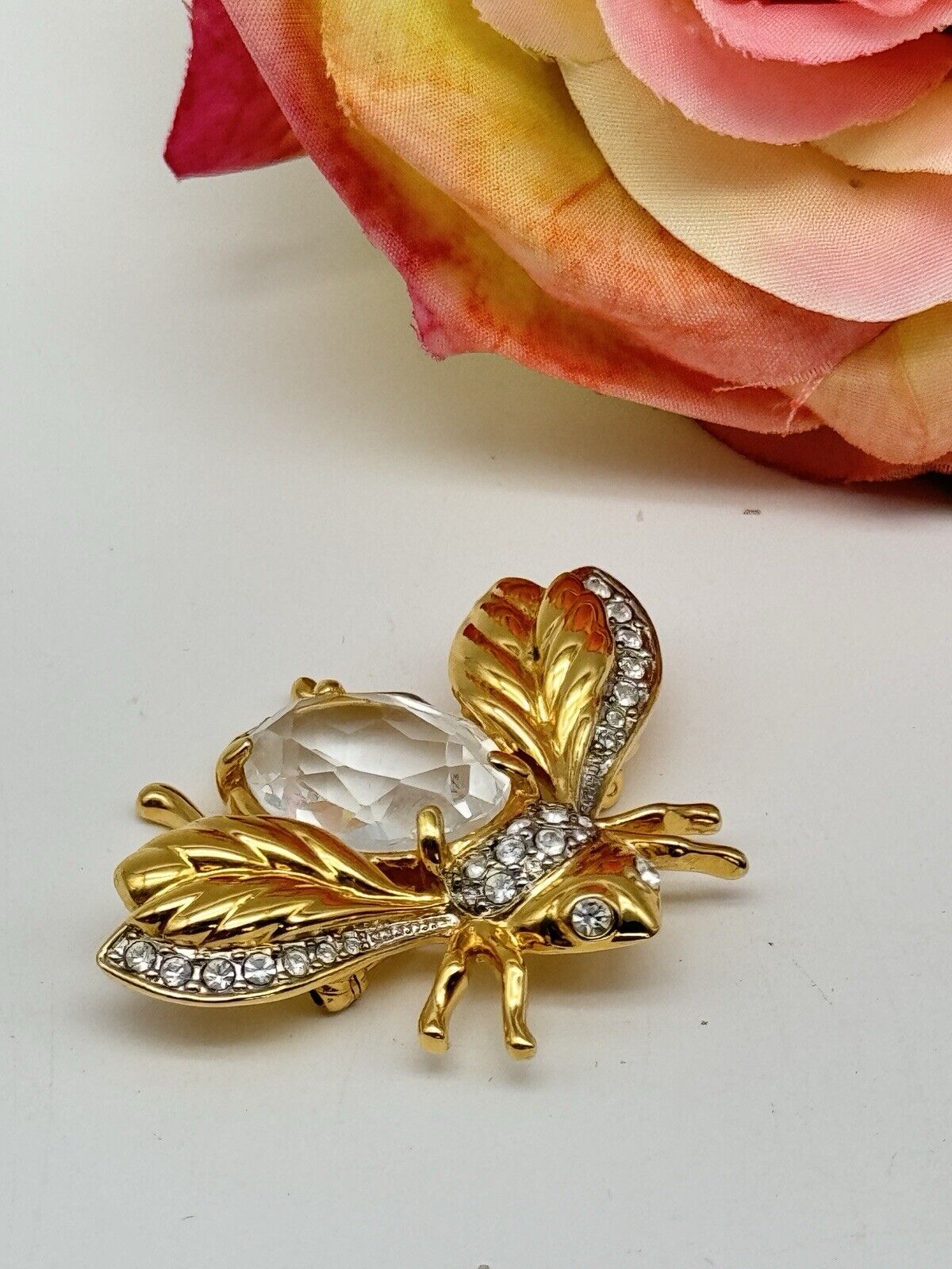 Vintage Bee SWAROVSKI Crystal Brooch Swan SIGNED Goldplated Estate Find