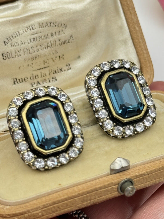 Heidi Daus Dark Blue Rhinestone Art Deco Style Earrings ESTATE FIND