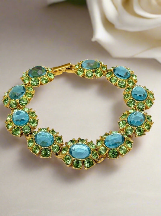 Vintage JOAN RIVERS Green Aqua Rhinestone Bracelet 7.5” ESTATE FIND