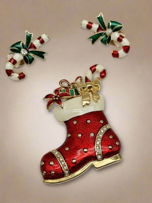 MONET Red Enamel Christmas SANTA Boot Brooch Filled & Candy Cane Earrings