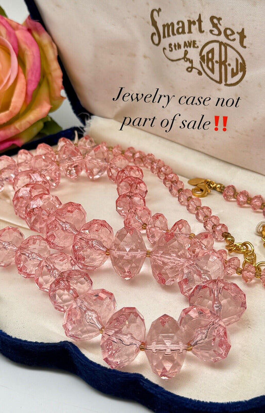 Joan RIVERS Pink Lucite Faceted Bead Necklace ca.33”l ESTATE FIND