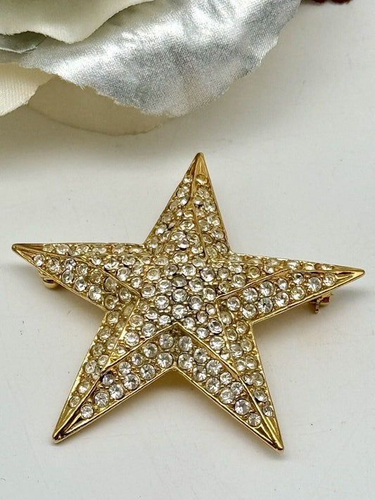 Vintage Joan Rivers Clear Rhinestone Gold Tone Star Brooch