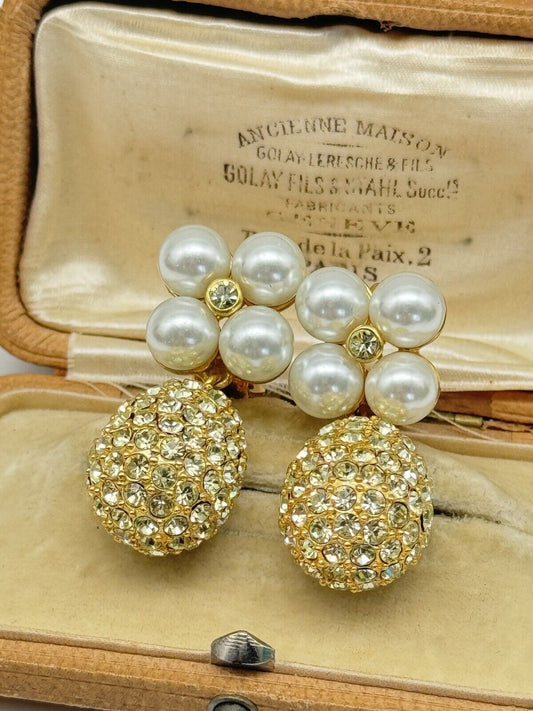 VINTAGE Joan Boyce Faux Pearl Rhinestone Dangler Earrings ESTATE FIND