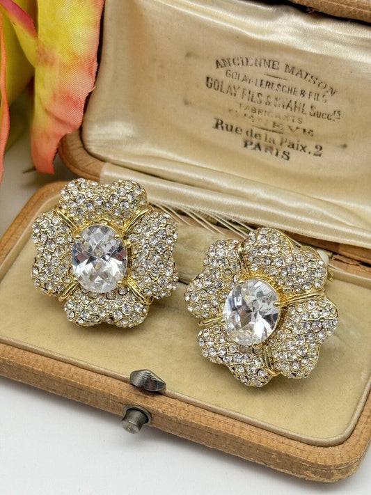 Vintage Joan Boyce Clear Rhinestone Statement Earrings Love Flower ESTATE FIND