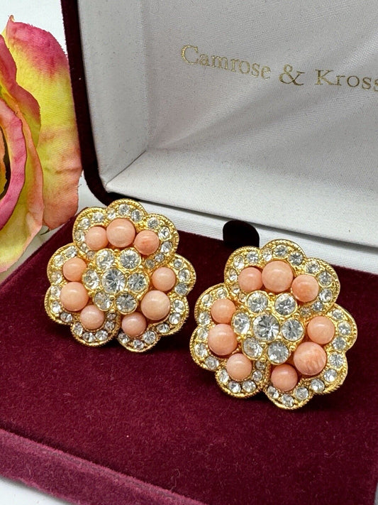 Vintage Camrose & Kross JBK Faux Coral Bead Rhinestone Earrings Box ESTATE FIND