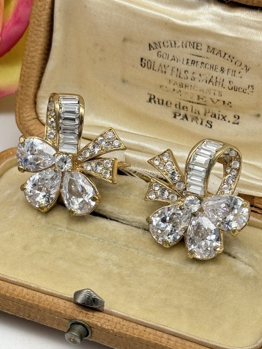 NOLAN MILLER Clear Austrian Crystal Flower Clover Clip On Earrings Stunning BOX