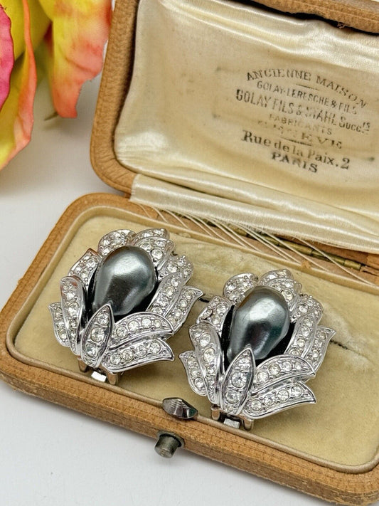 VINTAGE Nolan Miller Art Deco Style Earrings Faux Pearl Rhinestone Silvertone