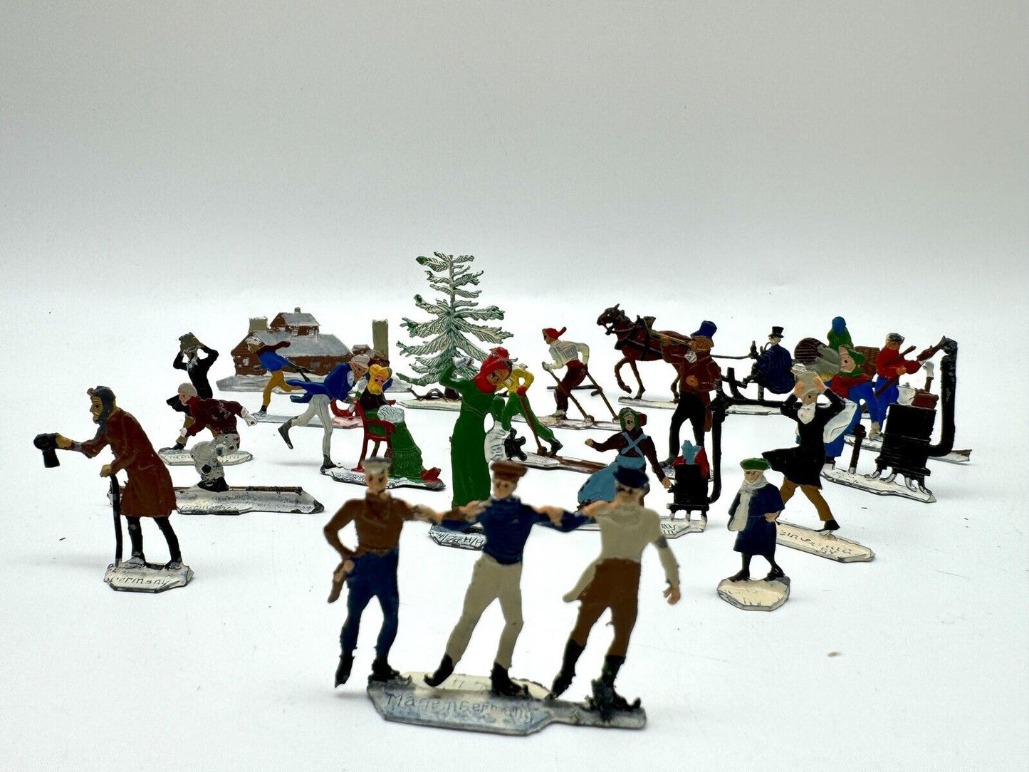 Christmas Village Authentic Antique 1920’s Hans Heinricksen Victorian Flat Lead Figures 18 Pcs .A.