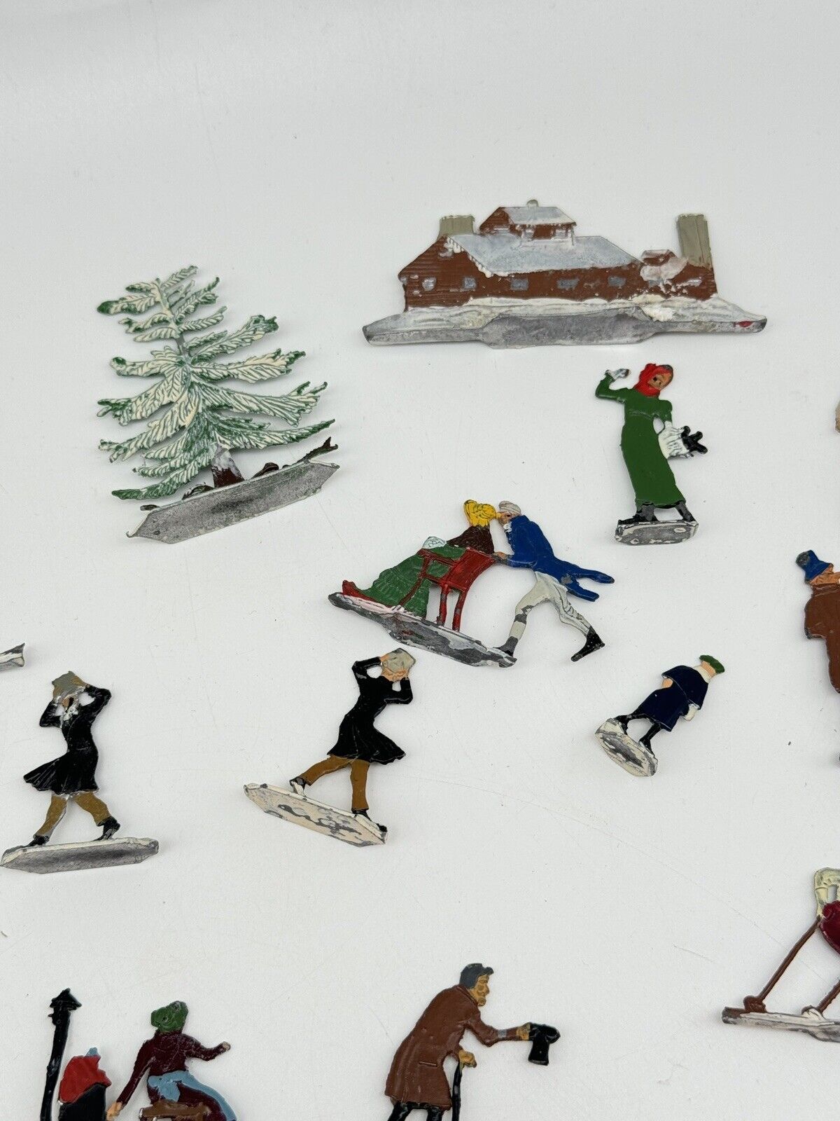 Christmas Village Authentic Antique 1920’s Hans Heinricksen Victorian Flat Lead Figures 18 Pcs .A.