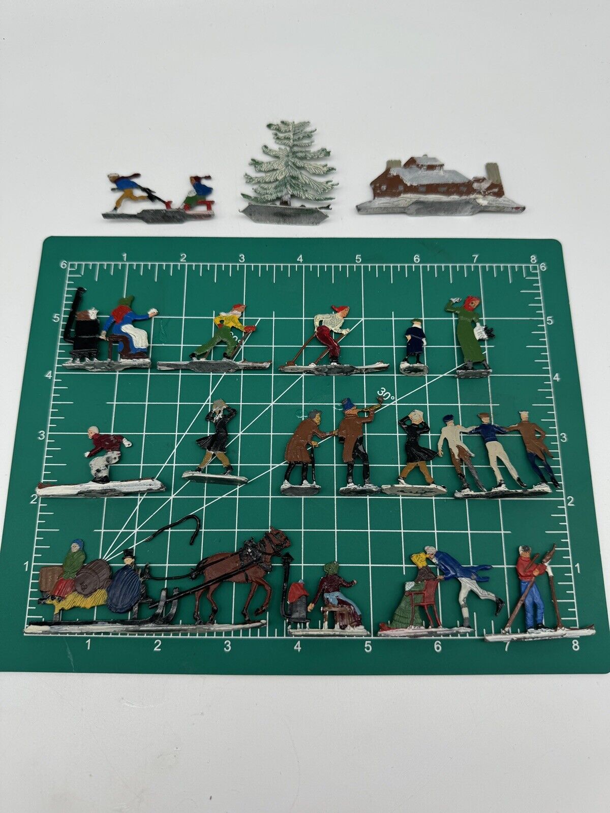 Christmas Village Authentic Antique 1920’s Hans Heinricksen Victorian Flat Lead Figures 18 Pcs .A.