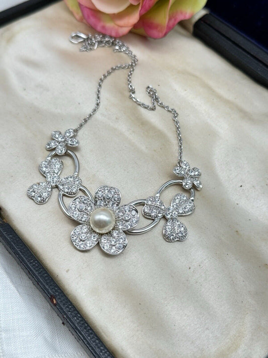 Nolan Miller Flower Necklace Silvertone Faux Pearl Rhinestone 18” Boxed