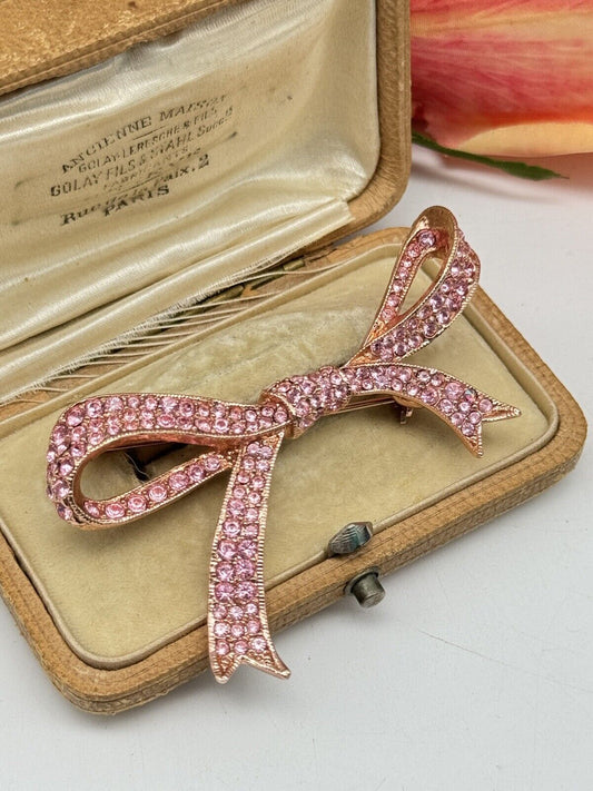 Vintage KJL Pink Rhinestone Rose Goldtone Ribbon Bow Breast Cancer Pin Brooch