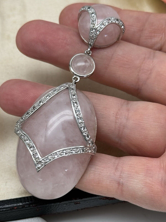 Beautiful Large Sterling Silver 925 Rose Quartz Enhancer Pendant 42.9 grams