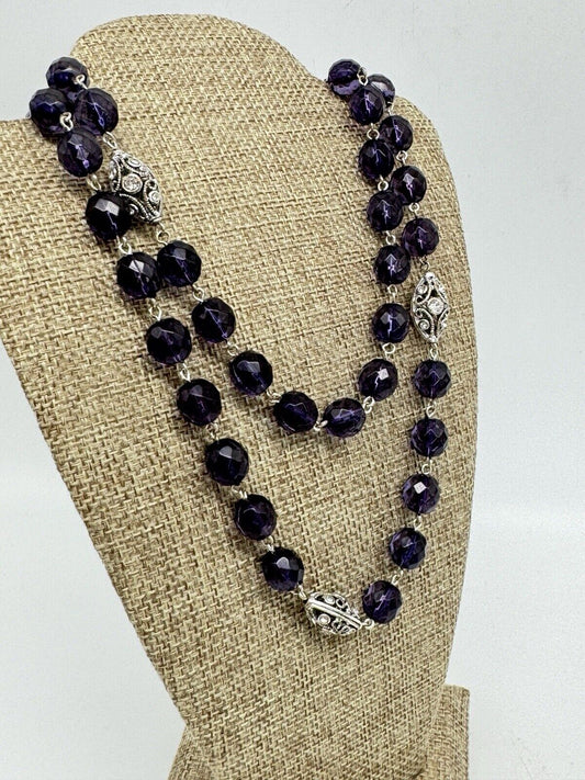 ROBERT ROSE Necklace Purple Acrylic Silvertone Clear Rhinestone SIGNED 29”