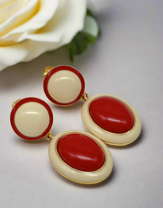 Vintage SIGNED Joan Rivers Earrings Red, Cream Enameled Goldtone