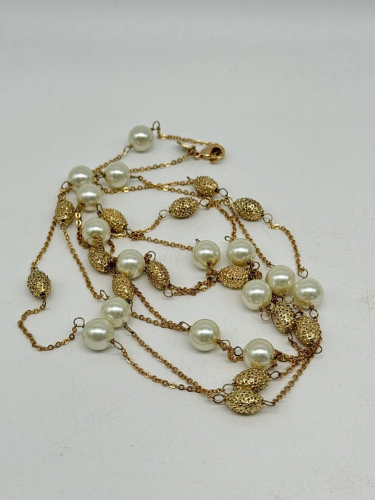 Vintage Faux Pearl Goldtone Necklace ca. 63” L ESTATE FIND