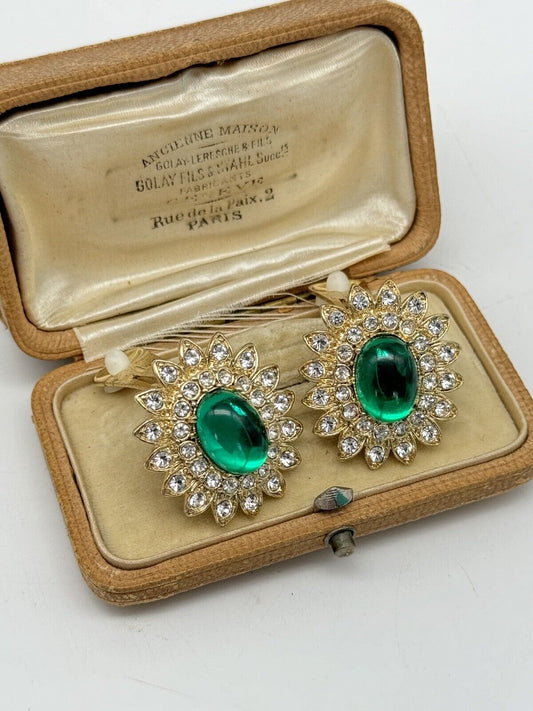 Vintage Arnold Scaasi DESIGNER Green & Clear Swarovski Crystal Gold Tone Earrings