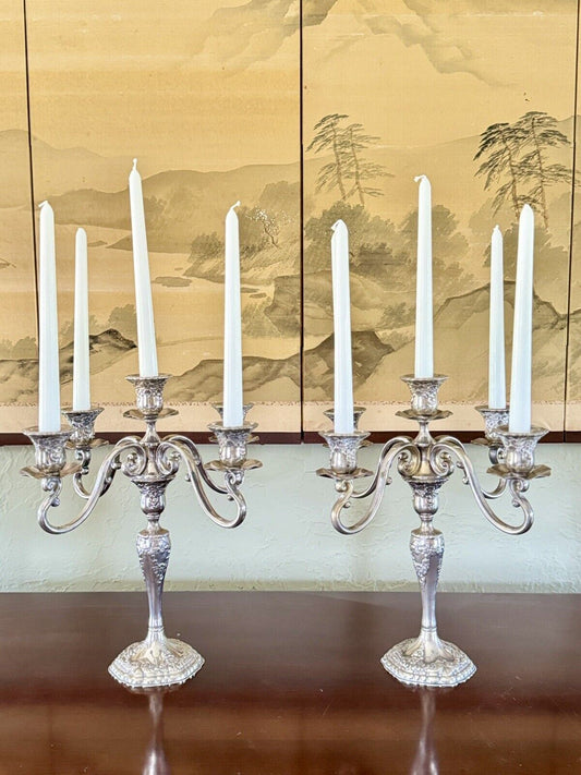 Vintage ANTIQUE STYLE Candelabra Pair 5 Candle Arms Floral Design Silverplate