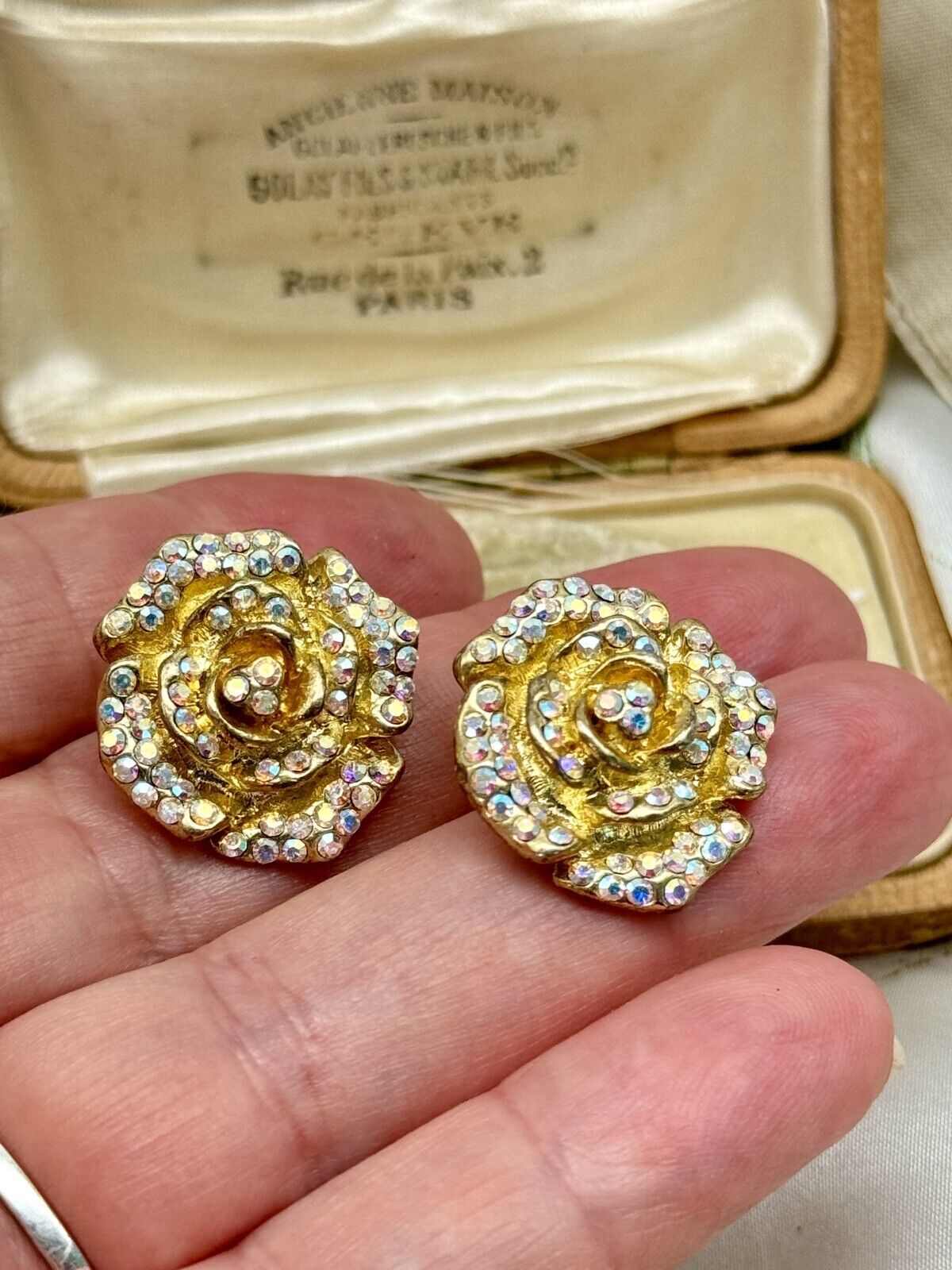 Vintage Kirk’s Folly Rose Design Earrings Rhinestone Goldtone Signed