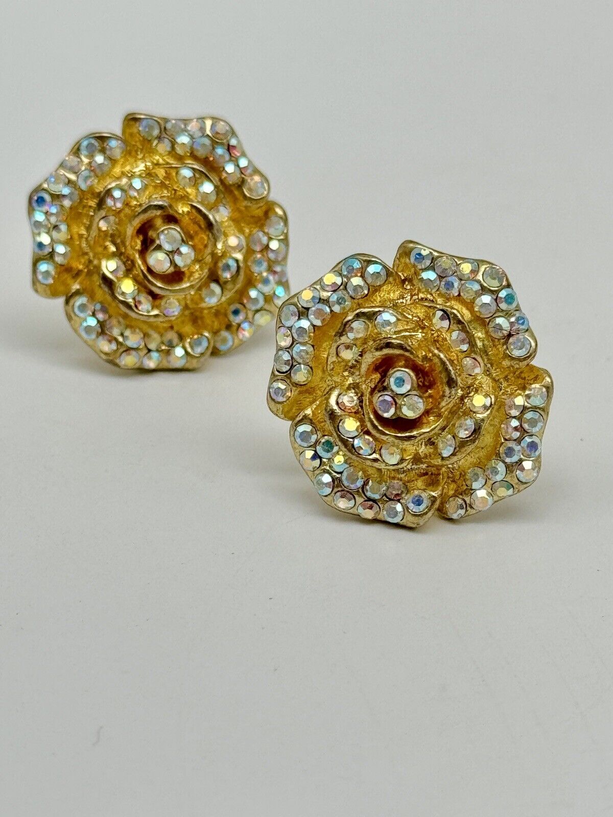 Vintage Kirk’s Folly Rose Design Earrings Rhinestone Goldtone Signed