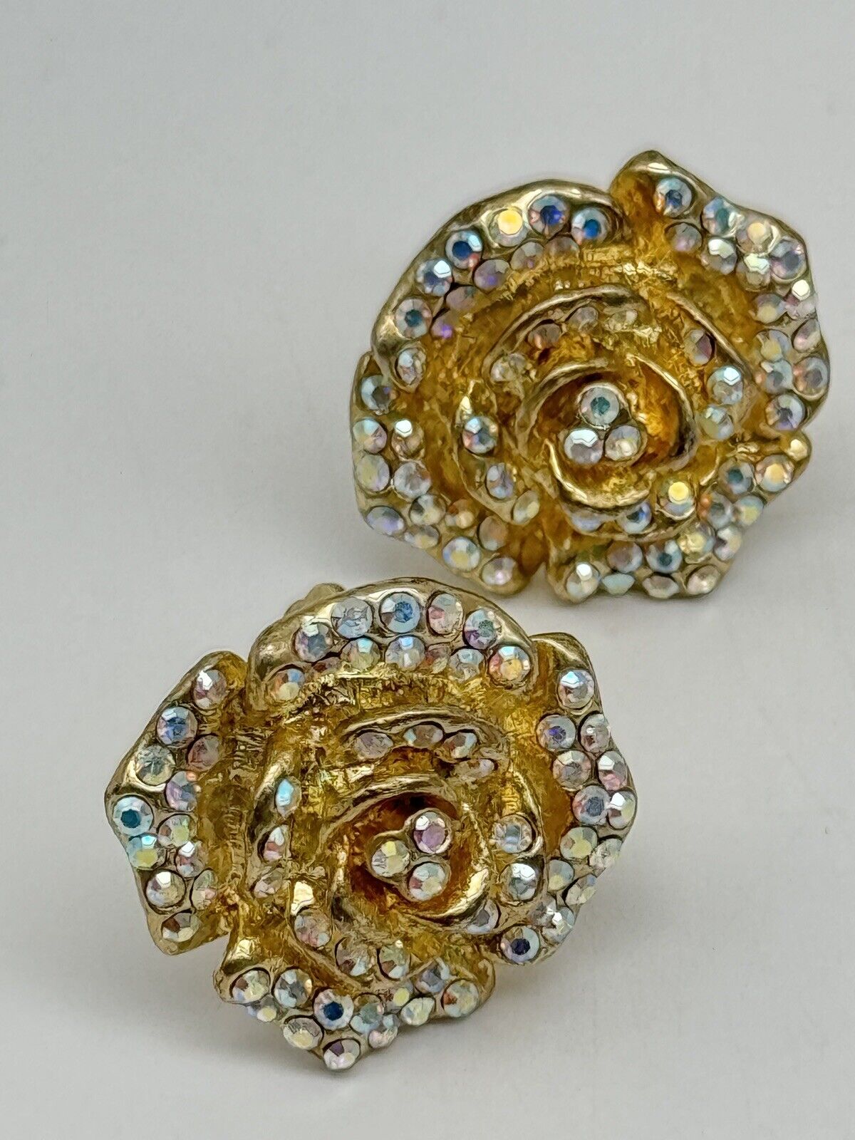 Vintage Kirk’s Folly Rose Design Earrings Rhinestone Goldtone Signed