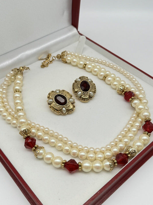 Vintage 1928 Faux Pearl Necklace and Earrings Goldtone Red Rhinestone