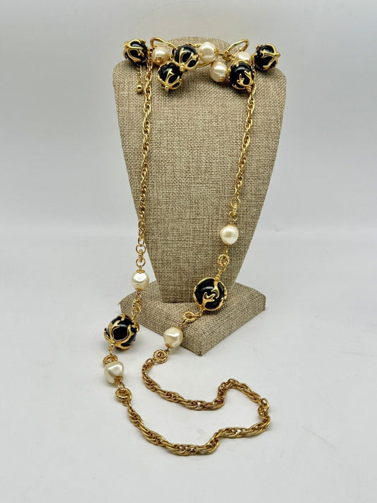 Vintage Goldtone Faux Pearl Jewelry Set Long Necklace Ca 36”+ Bracelet Ca 7.5”