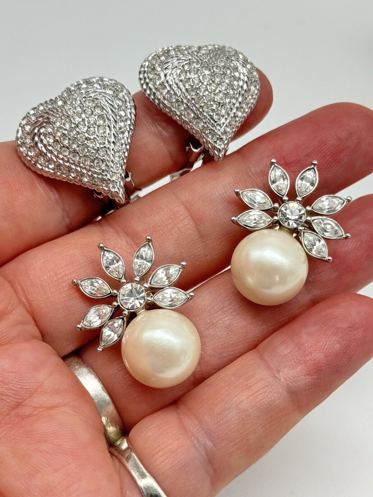 2 Pair Of Vintage Silvertone Heart & Classic Faux Pearl Costume Clip-on Earrings