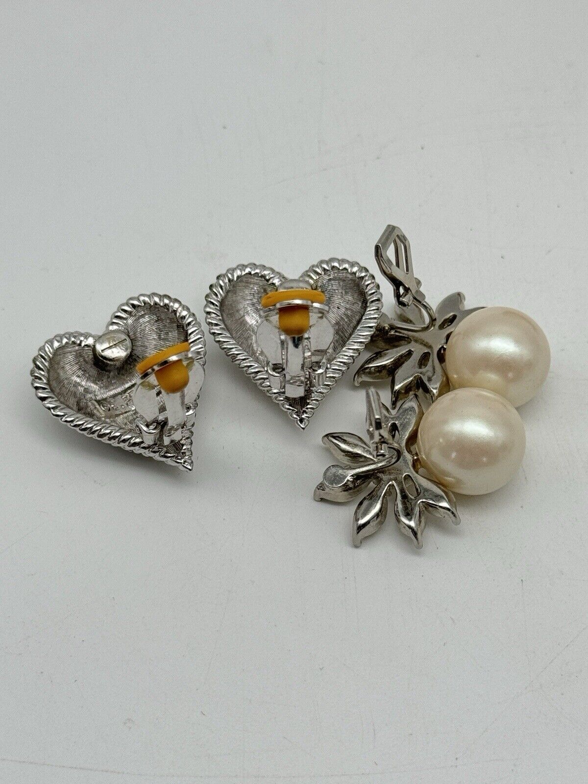 2 Pair Of Vintage Silvertone Heart & Classic Faux Pearl Costume Clip-on Earrings