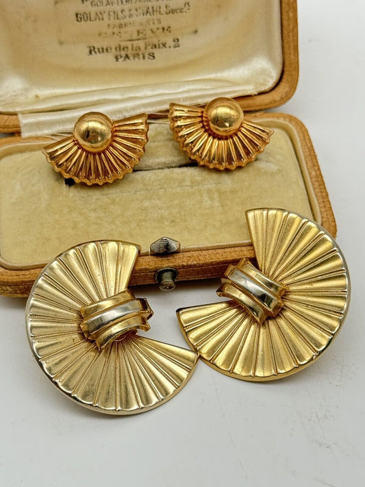 2 Pair Fan Design RETRO Vintage Goldtone Costume Jewelry Earrings