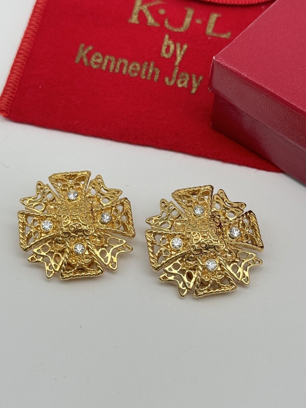 Vintage Signed KJL Kenneth Jay Lane Rhinestone Maltese Cross Earrings + Case